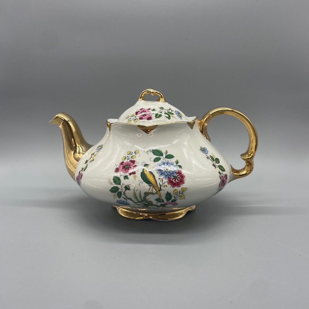 Ellgreave Ironstone Floral with Bird Teapot with Gold Accents - White